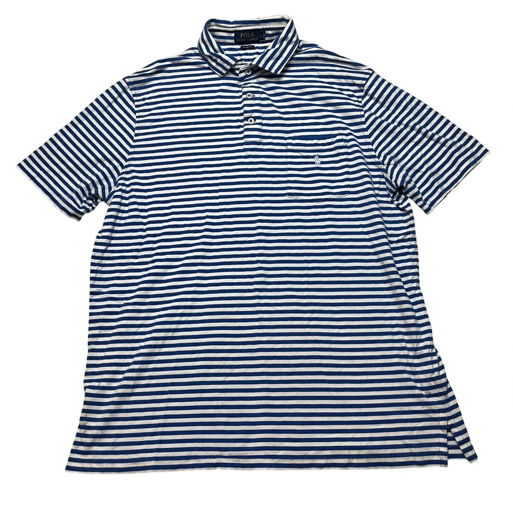 Polo Ralph Lauren Polo Shirt Mens Large Blue Striped Classic Fit Pocket Pony L